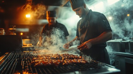 Chefs grilling meat in a smoky kitchen, showcasing culinary expertise and delicious food.