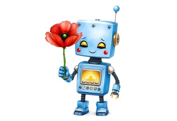 Fototapeta premium Cute robot holding a poppy flower cartoon-style illustration for veteran celebration occasion in white background