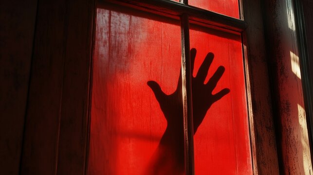 Red horror color window with hand shadow concept of serial killer