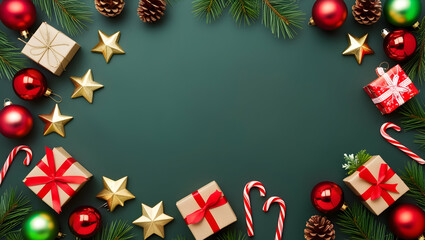A festive Christmas scene with gifts, ornaments, and candy canes on a dark green background.