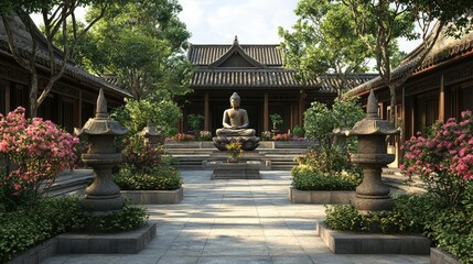 Naklejka premium Serene Buddha Temple Courtyard with Lush Greenery