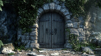 The wall of the rock castle has a big wooden door