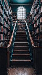 Elegant Staircase in a Grand Library with Bookshelves