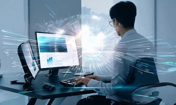 Someone is typing on a keyboard in the office. Each keypress triggers a burst of light and motion graphics, creating a responsive data overlay on the screen. By Generated AI
