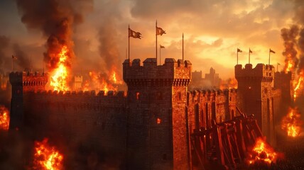 Siege towers and battering rams assaulting castle walls, medieval war, siege strategy