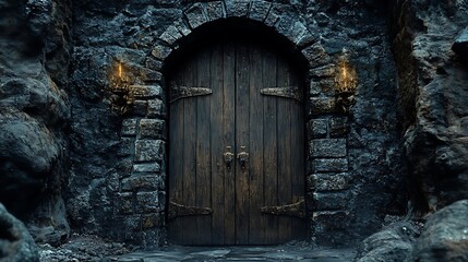 Fototapeta premium The wall of the rock castle has a big wooden door