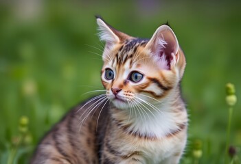 A cute cat with a fluffy face on a green grass background striped kitty domestic animal