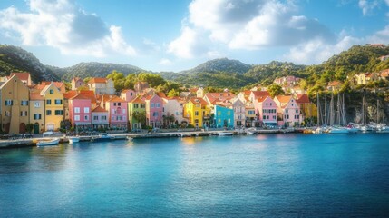 Fototapeta premium Colorful houses lining a harbor with boats and a hillside in the background.