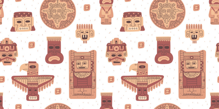 Vector seamless illustration with abstract traditional various figures of Maya and Aztec.