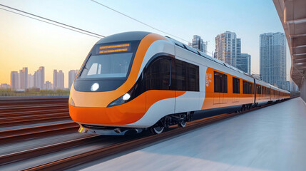 Fototapeta premium The orange yellow subway runs on the elevated track