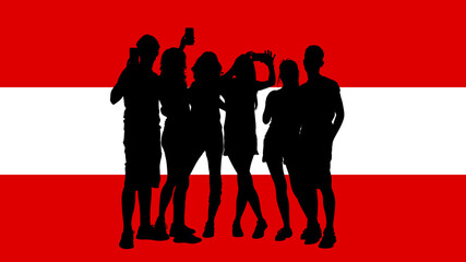 Silhouette of a Group of Friends Taking Selfies on an Austrian Flag