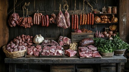 Rustic Butcher Shop Display of Fresh Ingredients