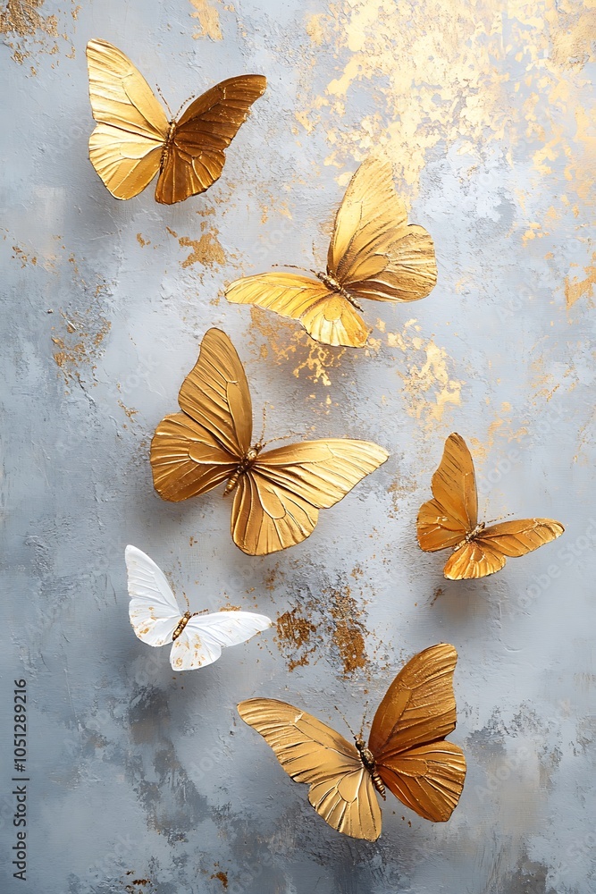 Poster elegant display of golden butterflies on a textured background creating a captivating visual aesthet