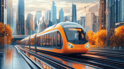 Obraz premium The orange yellow subway runs on the elevated track