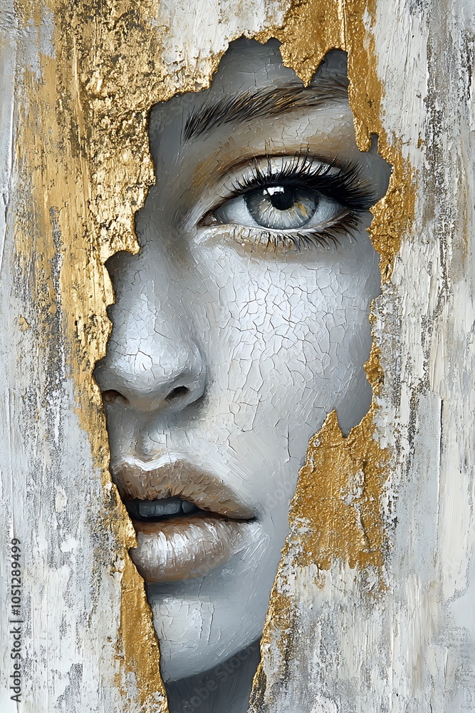 Poster a striking portrait of a woman's face emerging from an intricately textured surface blending element