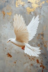 A majestic white dove in flight against an artistic background of soft gold and silver textures evoking peace and serenity