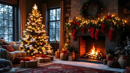 Obraz premium Christmas tree and a fireplace holiday winter decoration living room stockings cozy indoor