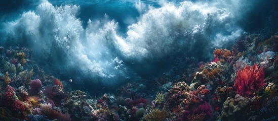 Obraz premium A wave crashes over a colorful coral reef, creating a dramatic scene of nature's power.