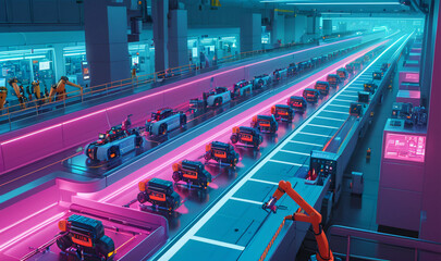 A photorealistic image of an automated assembly line for lithium-ion battery cells with robots, conveyors and intricate machinery, neon lights