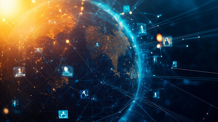 Fototapeta premium A digital globe network connections and social media icons,. This id conceptual banner represents global digital communication and technology. 