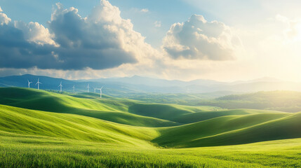 Obraz premium Wind turbines on the grassland, at sunset