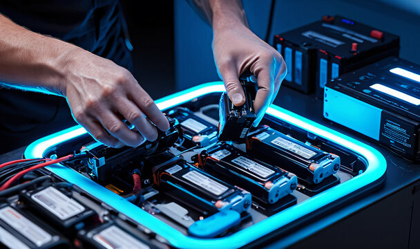 A close-up image of a technician using specialized equipment to dismantle and extract valuable materials from used lithium-ion batteries