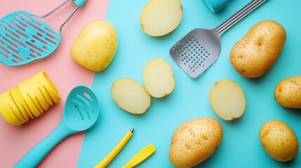 Colorful Still Life of Whole and Sliced Potatoes