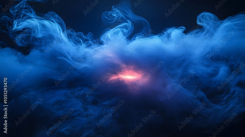 Poster blue smoke on a dark background with a blue light in the middle of the image and a red light in the 