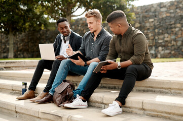 Park steps, business men and laptop with planning and tech for web design and notes on lunch break....