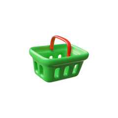Realistic shopping cart 3D cartoon plastic style vector icon, green red basket for Christmas sale, festive special offer