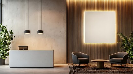  Interior of modern hotel lobby with grey and wooden walls design, tiled floor, panoramic window with blurry cityscape, and vertical mock-up poster design 