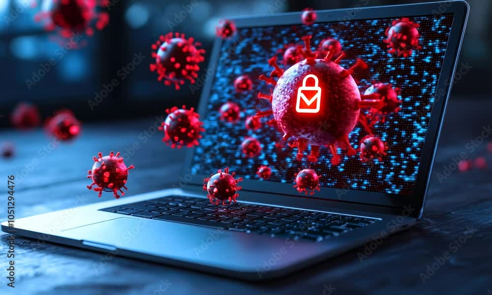 Poster a laptop displaying red digital viruses representing cyber threats and security risks on a dark back