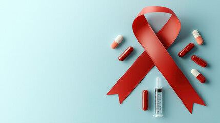 A red ribbon surrounded by various pills and a syringe, symbolizing awareness and treatment related to HIV/AIDS.