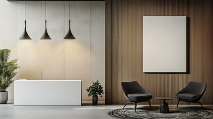  Interior of modern hotel lobby with grey and wooden walls design, tiled floor, panoramic window with blurry cityscape, and vertical mock-up poster design 