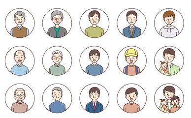 様々な年代の笑顔の日本人男性アイコン