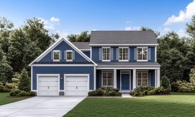 a blue and white colonial house with a front porch, gable roof, and shutters, set in a large yard with trees