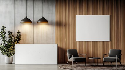  Interior of modern hotel lobby with grey and wooden walls design, tiled floor, panoramic window with blurry cityscape, and vertical mock-up poster design 