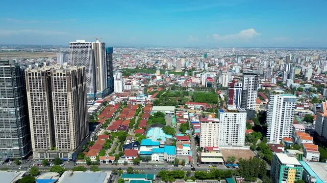 Phnom Penh Cambodia capital city Koh Pich Island building skyline, aerial drone