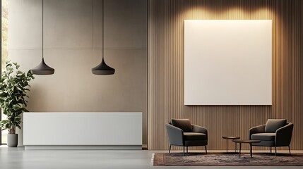  Interior of modern hotel lobby with grey and wooden walls design, tiled floor, panoramic window with blurry cityscape, and vertical mock-up poster design 