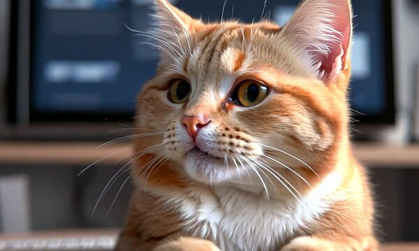 A curious orange cat sits at a computer keyboard, showcasing its playful personality in a home office environment.