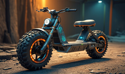 A rugged and off-road electric scooter with knobby tires, suspension and a durable frame, ideal for navigating uneven terrain