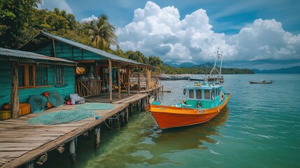 Wooden House on Stilts with Fishing Boats and Cloudy Sky in Tropical Setting