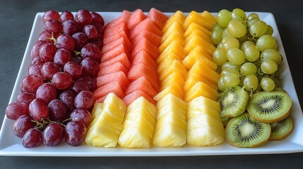 A Colorful Fruit Platter with Red Grapes, Watermelon, Pineapple, Green Grapes, and Kiwi