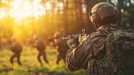 Fototapeta premium Soldiers Training in Outdoor Environment at Sunset