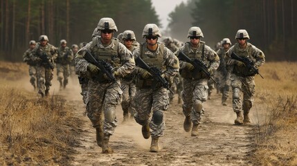Fototapeta premium Soldiers Conducting Training Exercise in Open Field