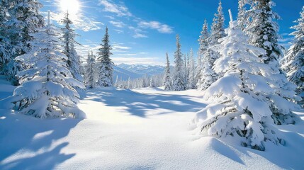 Serene Snow-Covered Landscape with Evergreen Trees