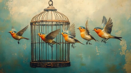 Fototapeta premium This artwork shows small birds escaping from a birdcage