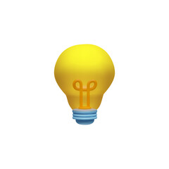 Yellow incandescent light bulb 3D cartoon plastic style vector icon, render electric energy lighting, bright idea symbol