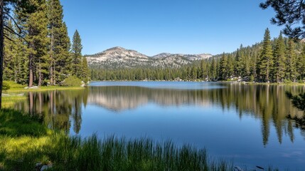 Obraz premium A serene mountain lake with crystal clear water and lush greenery reflecting in the water under a bright blue sky.