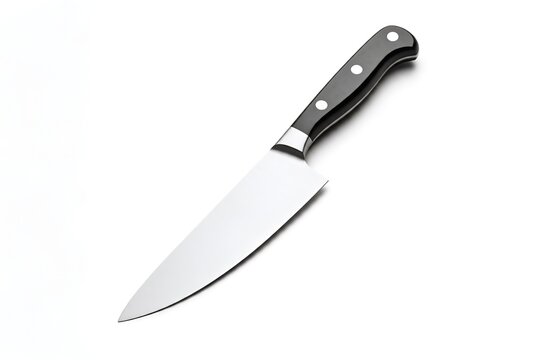 A chef's knife with a black handle on a white background.